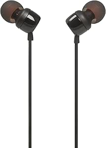 JBL Tune 110 Wired In-Ear Headphones, Deep and Powerful Pure Bass Sound, 1-Button Remote/Mic, Tangle-Free Flat Cable, Ultra Comfortable Fit - Black, JBLT110BLK
