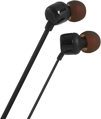 JBL Tune 110 Wired In-Ear Headphones, Deep and Powerful Pure Bass Sound, 1-Button Remote/Mic, Tangle-Free Flat Cable, Ultra Comfortable Fit - Black, JBLT110BLK