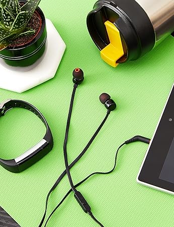 JBL Tune 110 Wired In-Ear Headphones, Deep and Powerful Pure Bass Sound, 1-Button Remote/Mic, Tangle-Free Flat Cable, Ultra Comfortable Fit - Black, JBLT110BLK