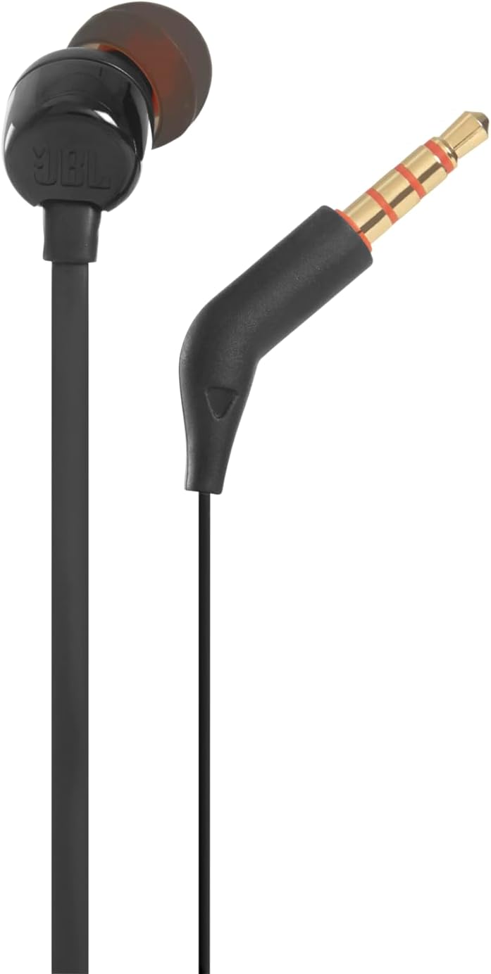 JBL Tune 110 Wired In-Ear Headphones, Deep and Powerful Pure Bass Sound, 1-Button Remote/Mic, Tangle-Free Flat Cable, Ultra Comfortable Fit - Black, JBLT110BLK