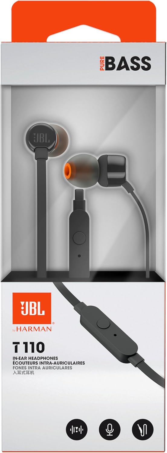 JBL Tune 110 Wired In-Ear Headphones, Deep and Powerful Pure Bass Sound, 1-Button Remote/Mic, Tangle-Free Flat Cable, Ultra Comfortable Fit - Black, JBLT110BLK